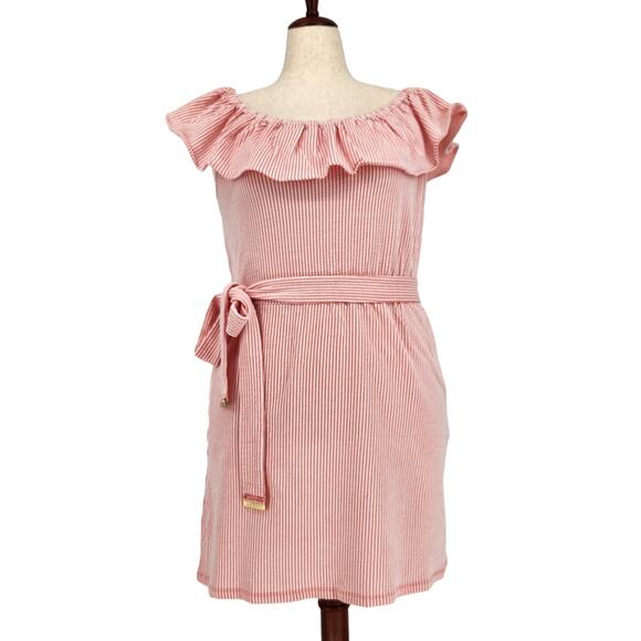 Michael Kors Women Pink Striped Casual Ruffle Off-the-Shoulder Mini Dress Size L - Picture 1 of 8